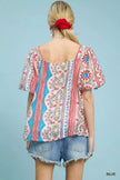 Umgee Patchwork Puff Sleeve Smocked Blouse  Style Ratio
