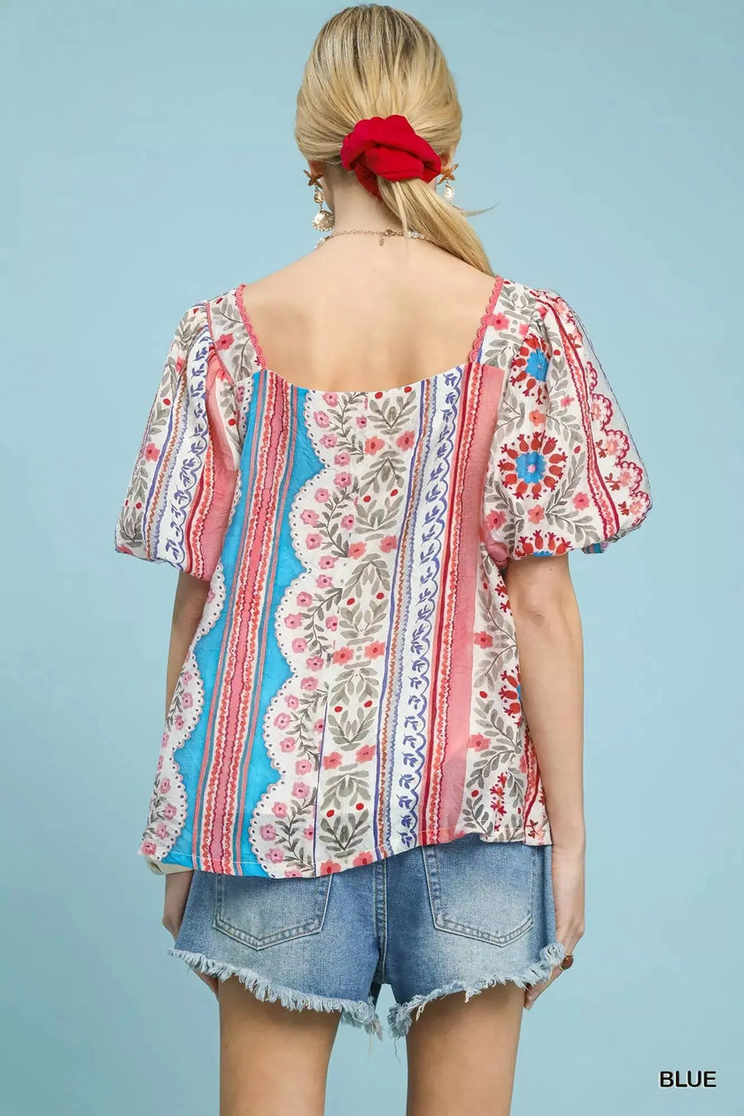 Umgee Patchwork Puff Sleeve Smocked Blouse  Style Ratio