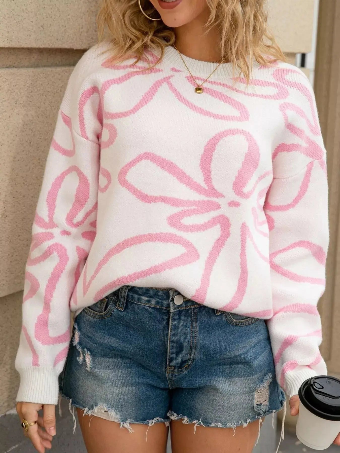 Flower Crew Neck Long Sleeve Sweater  Style Ratio