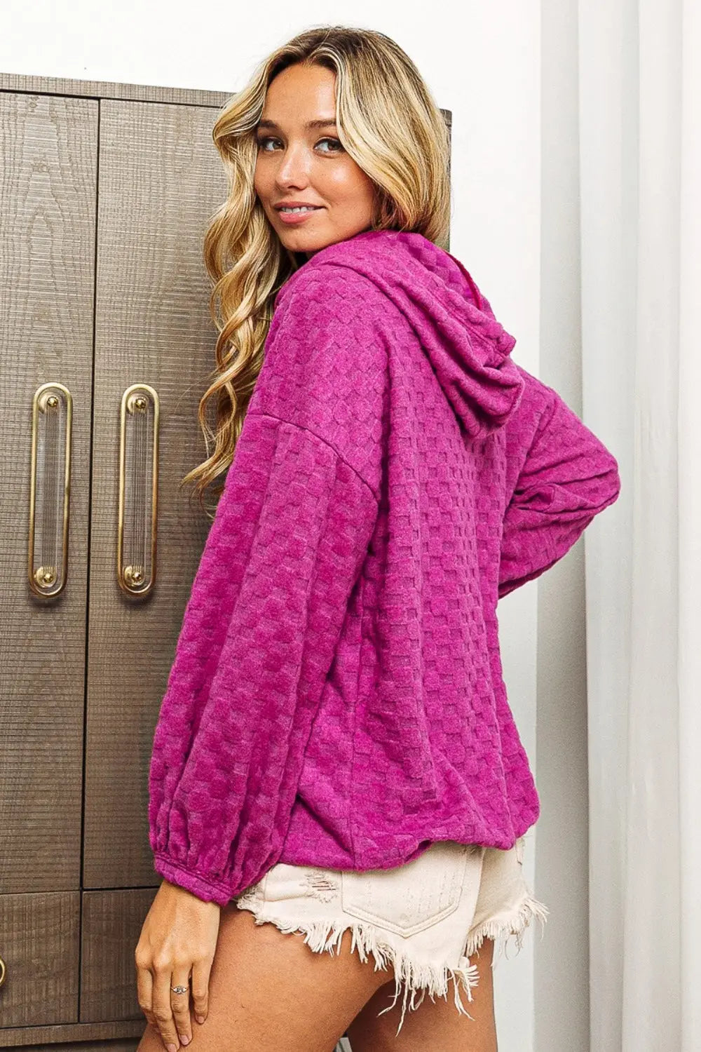 BiBi Brushed Checker Drawstring Long Sleeve Hoodie Trendsi