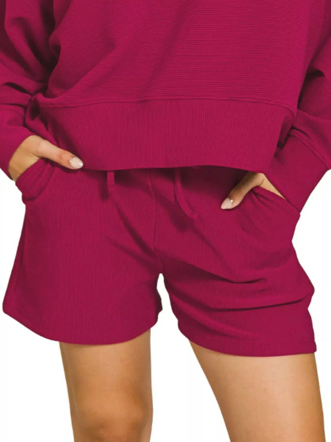Zenana Ribbed Round Neck Pullover and Shorts Set  Style Ratio
