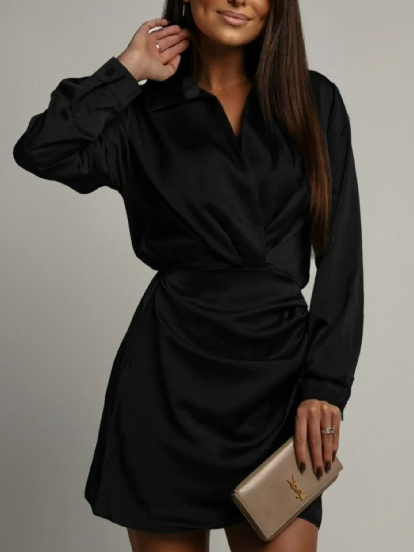 Collared Neck Long Sleeve Satin Dress  Style Ratio