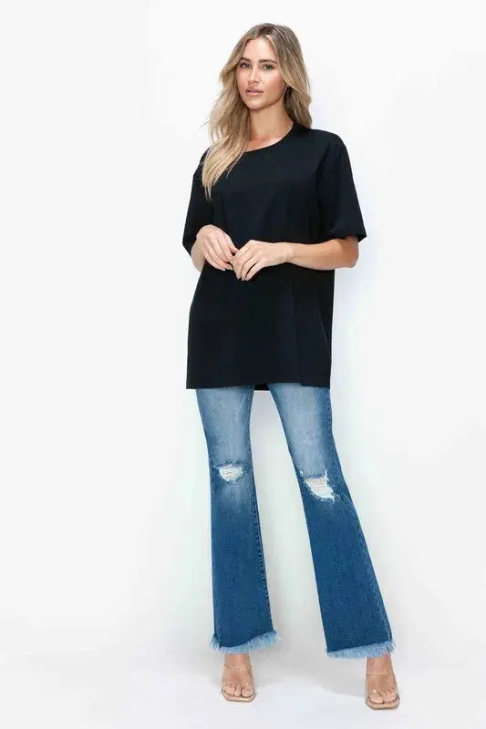 bytos Full Size Raw Hem Distressed High Rise Bootcut Jeans  Style Ratio