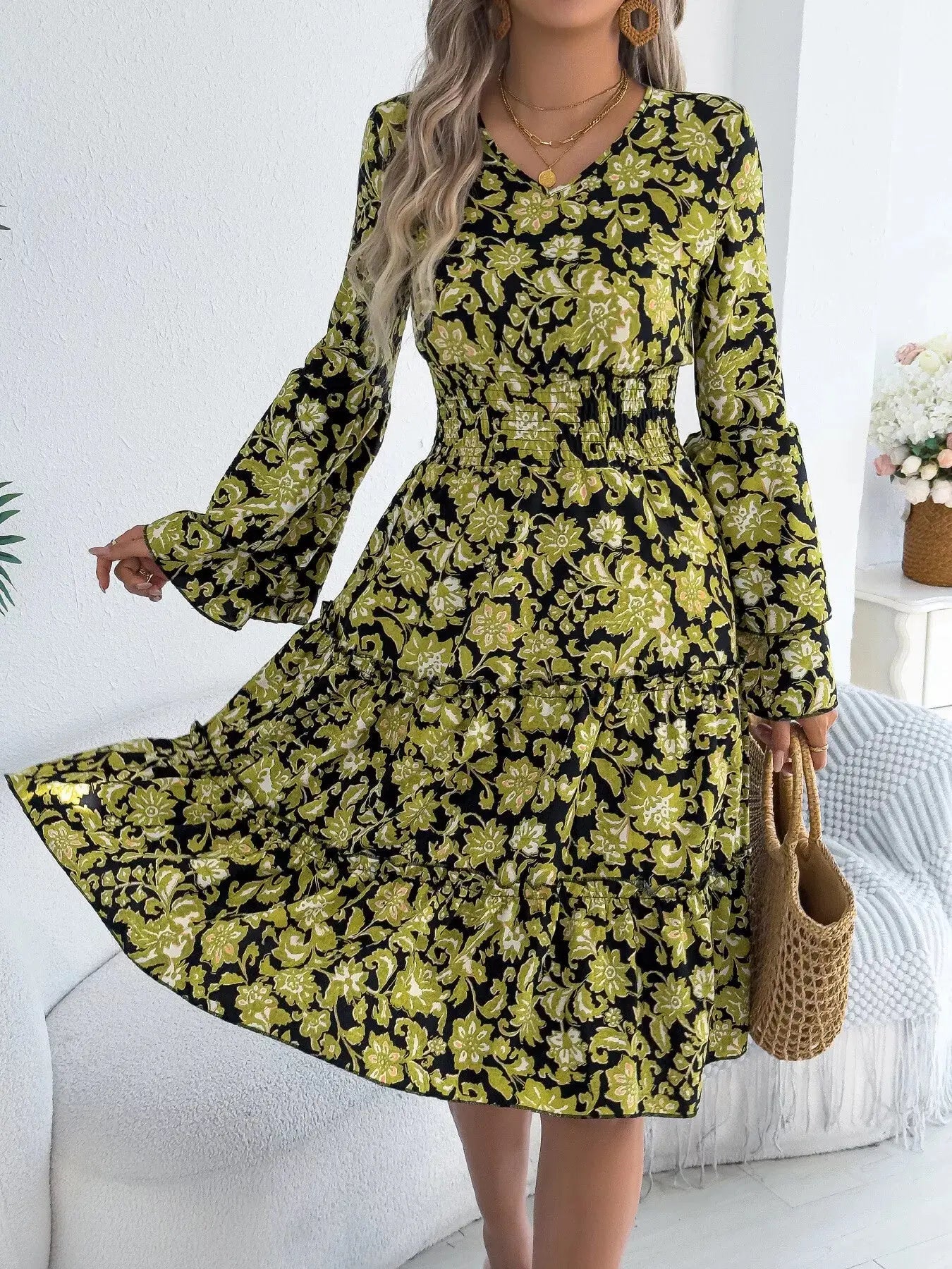 Floral Print Smocked Ruffle Hem Flared Sleeve Dress  Style Ratio