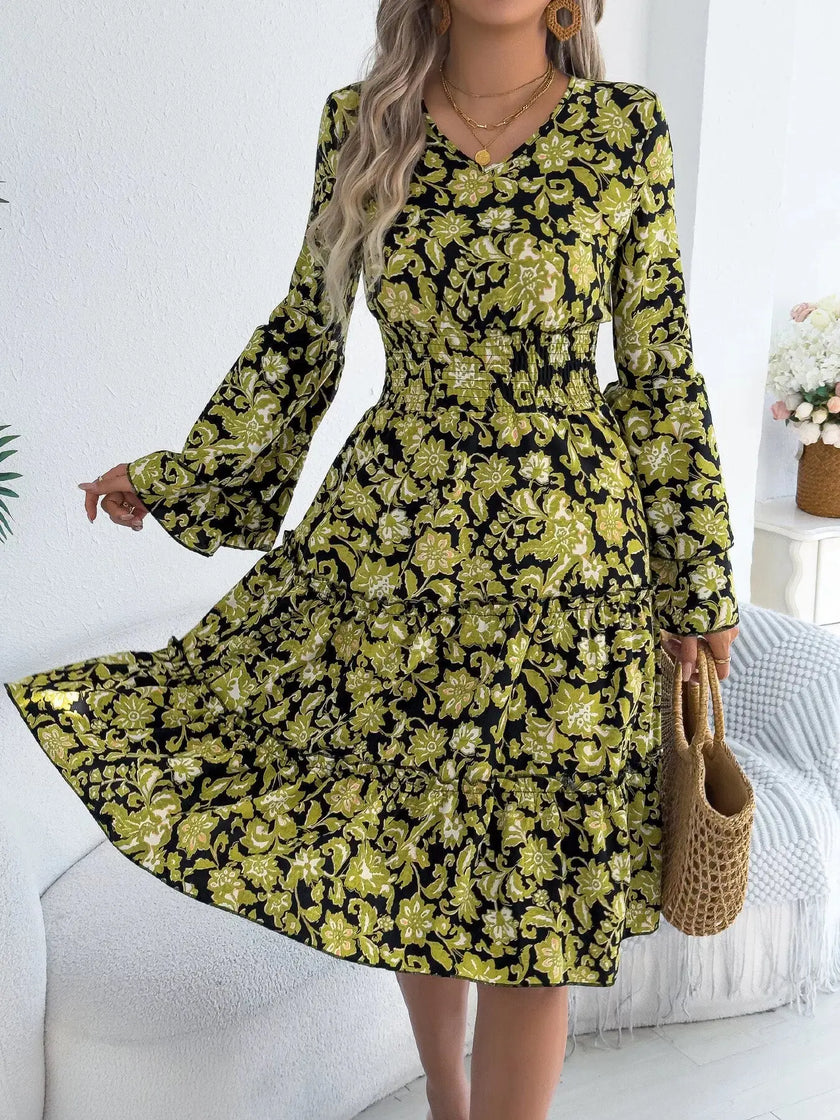 Floral Print Smocked Ruffle Hem Flared Sleeve Dress  Style Ratio