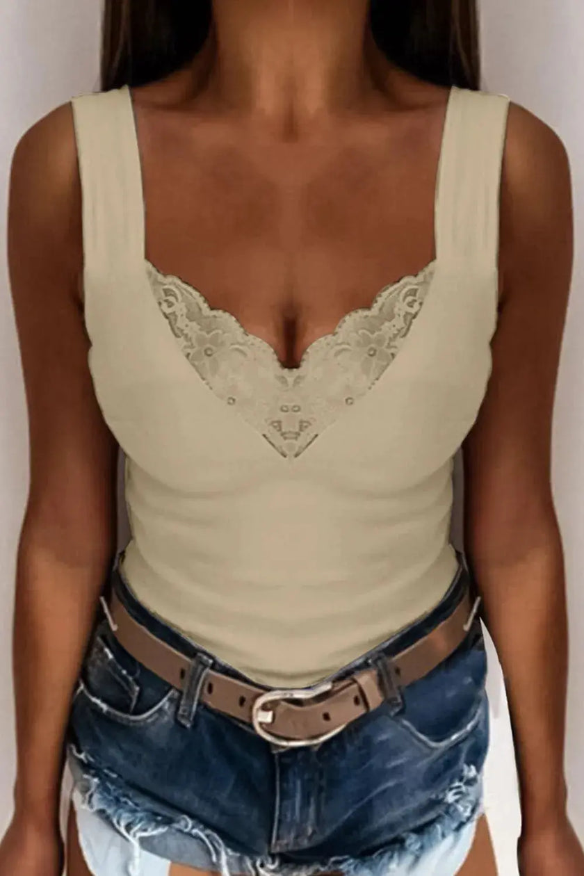 Full Size Lace Detail V-Neck Tank  Style Ratio