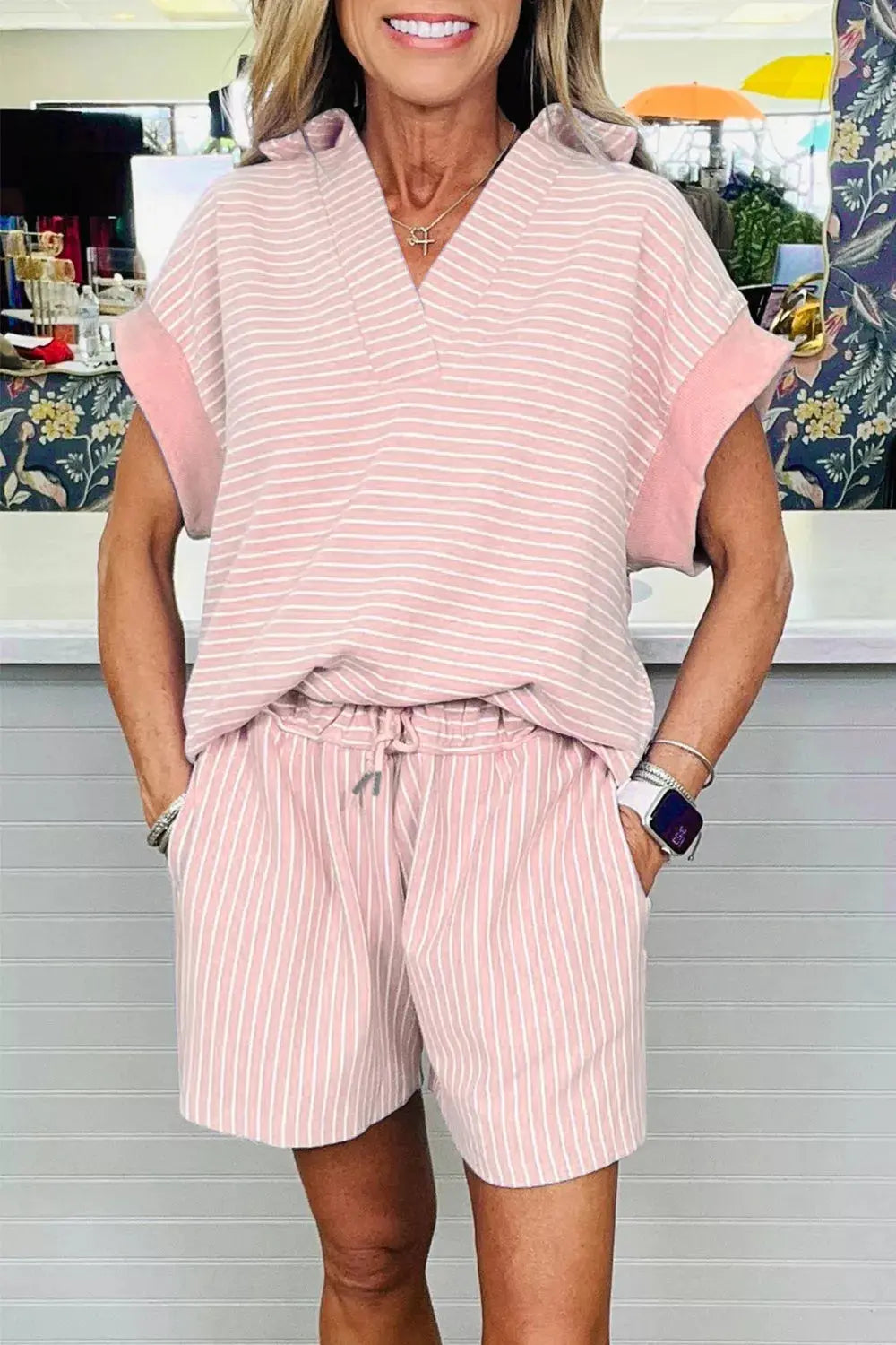 Stripe Dolman Sleeve Polo Shirt and Drawstring Shorts Set  Style Ratio