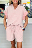 Stripe Dolman Sleeve Polo Shirt and Drawstring Shorts Set  Style Ratio