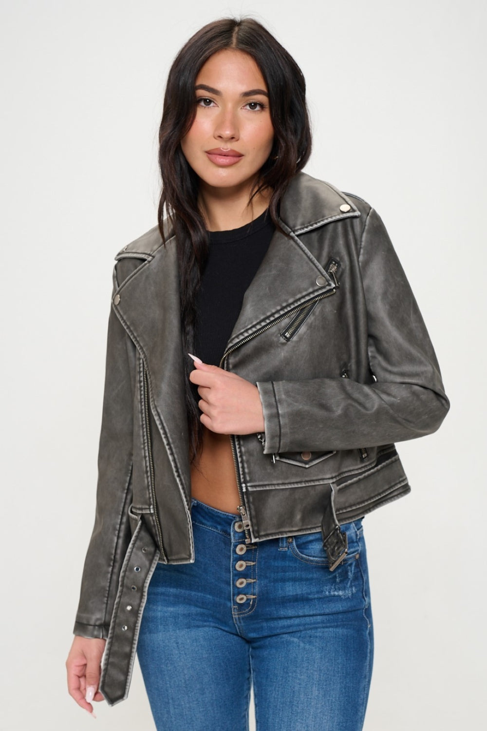 Asymmetrical Zip Up Biker Jacket with Belt