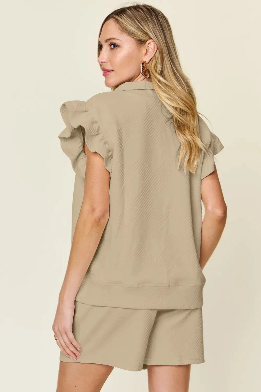 Double Take Texture Flounce Sleeve Top and Drawstring Shorts Set  Style Ratio