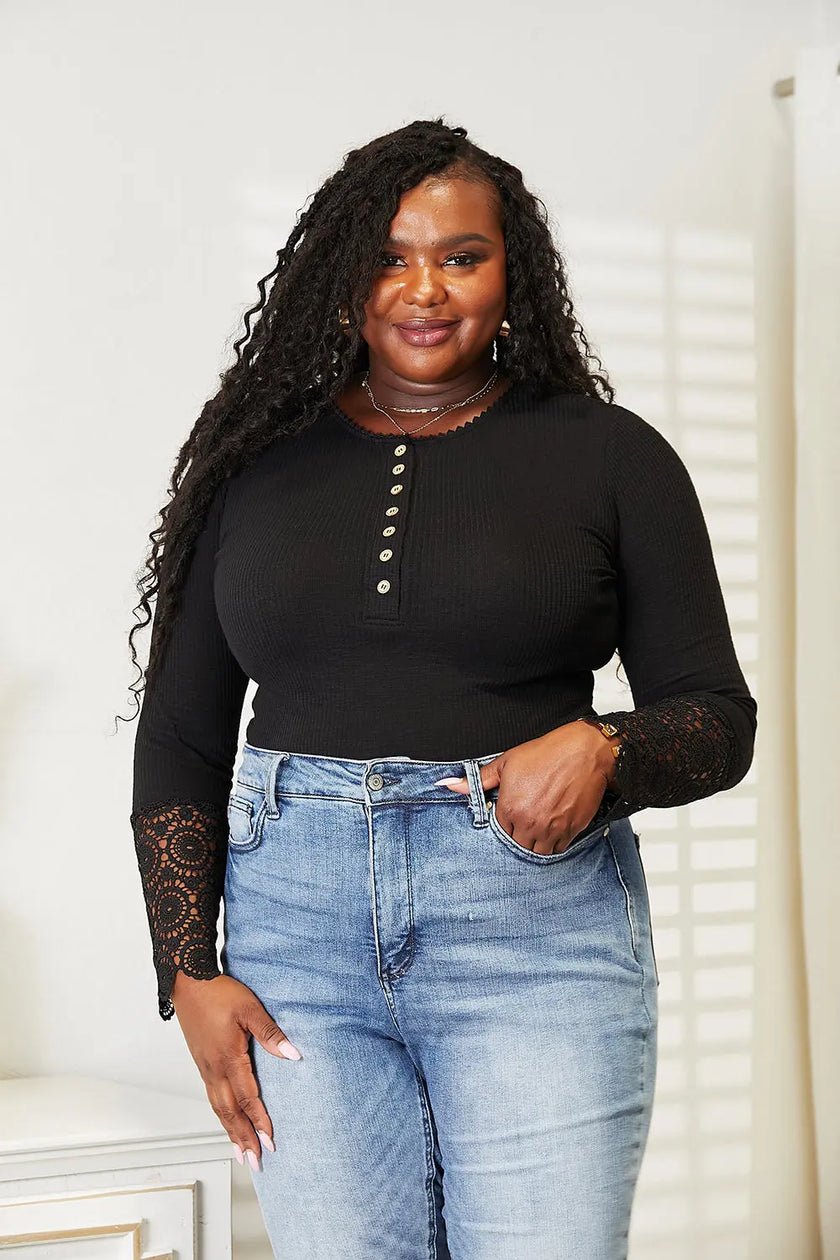 Double Take Crochet Lace Hem Sleeve Button Long Sleeve Top  Style Ratio