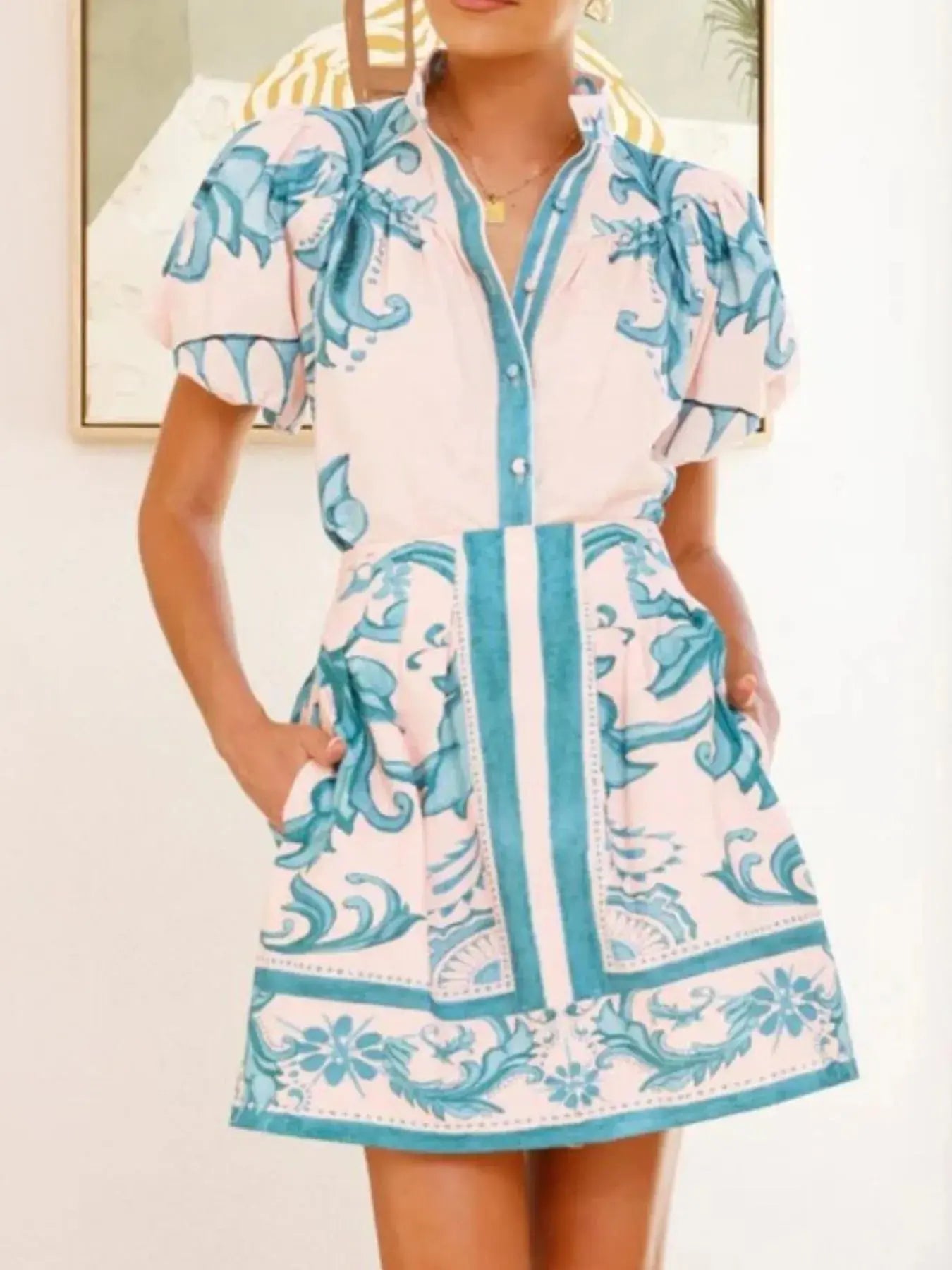 Printed Puff Sleeve Top and Skirt Set  Style Ratio