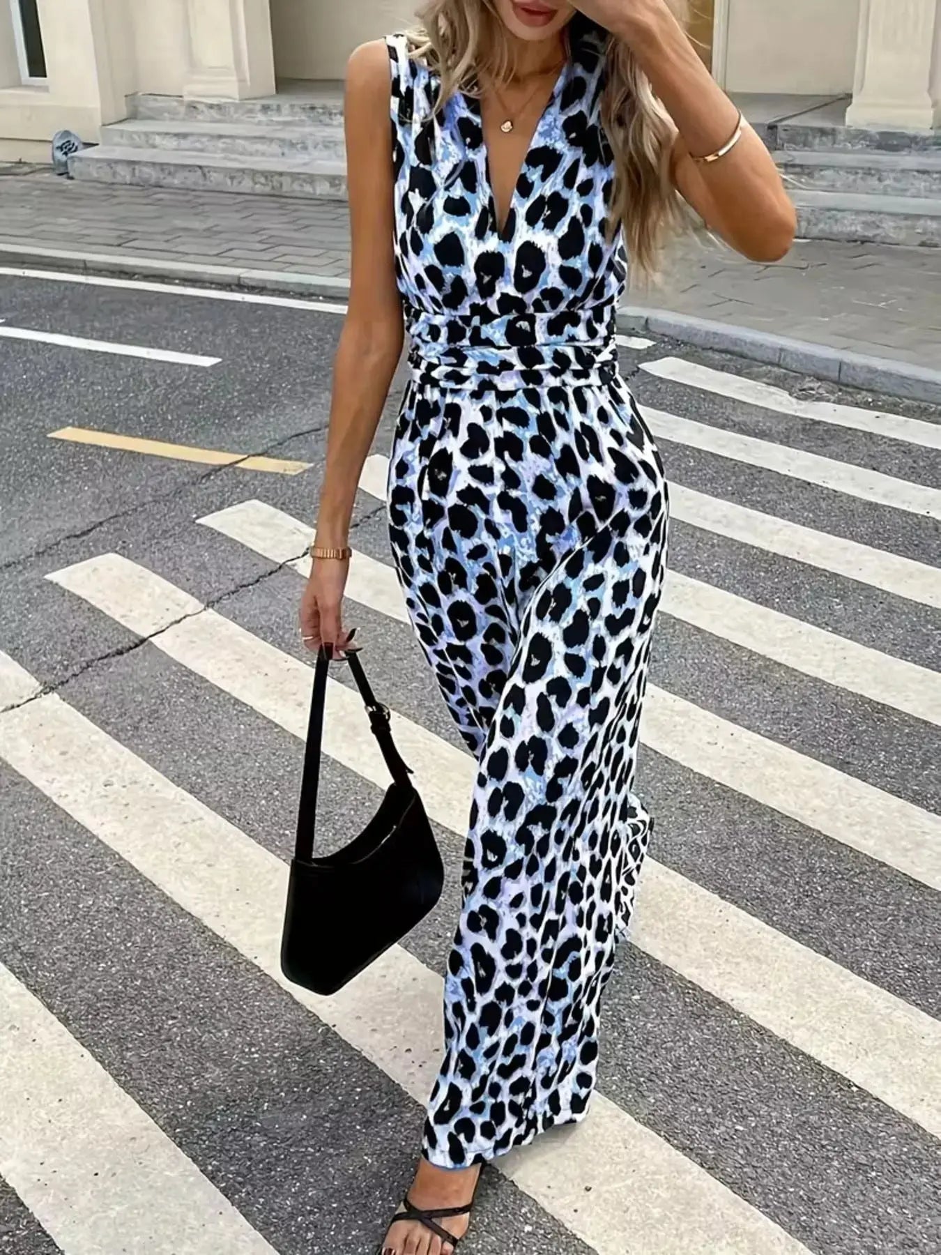 Sleeveless V Neck Leopard Print Jumpsuit  Style Ratio