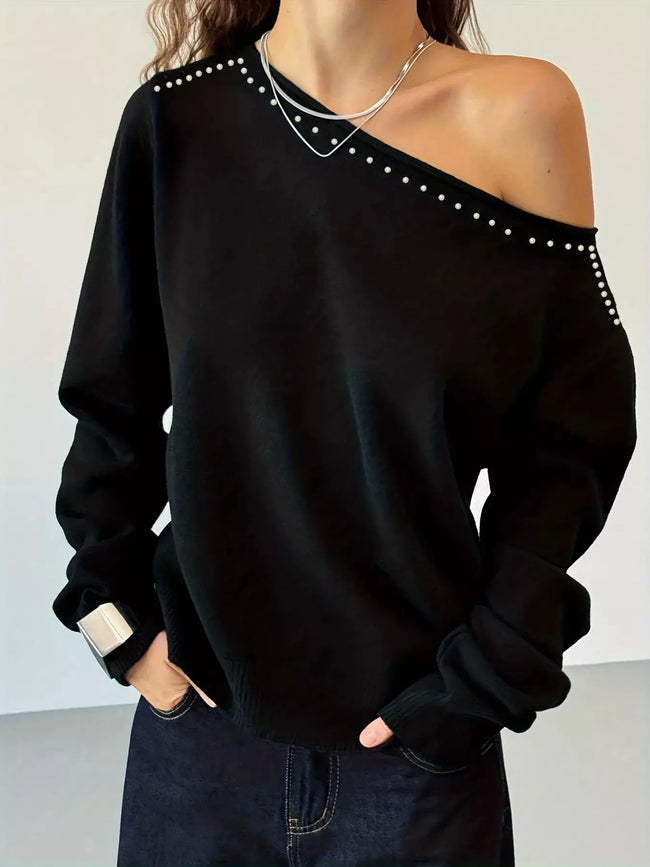 Studded Single Shoulder Lightweight Sweater  Style Ratio