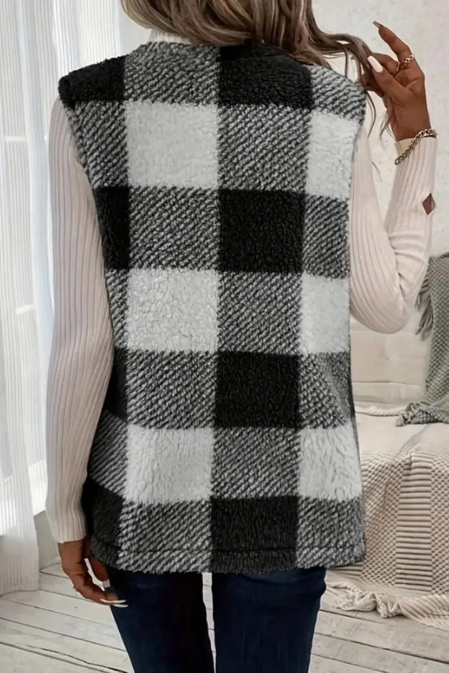 Sherpa Plaid Open Front Vest  Style Ratio