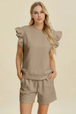 Double Take Full Size Texture Round Neck Ruffle Sleeve Top and Shorts Set  Style Ratio