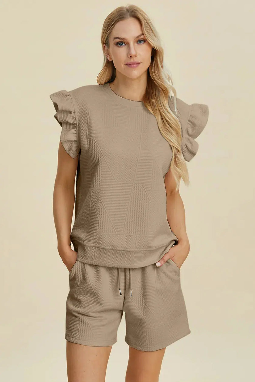 Double Take Full Size Texture Round Neck Ruffle Sleeve Top and Shorts Set  Style Ratio