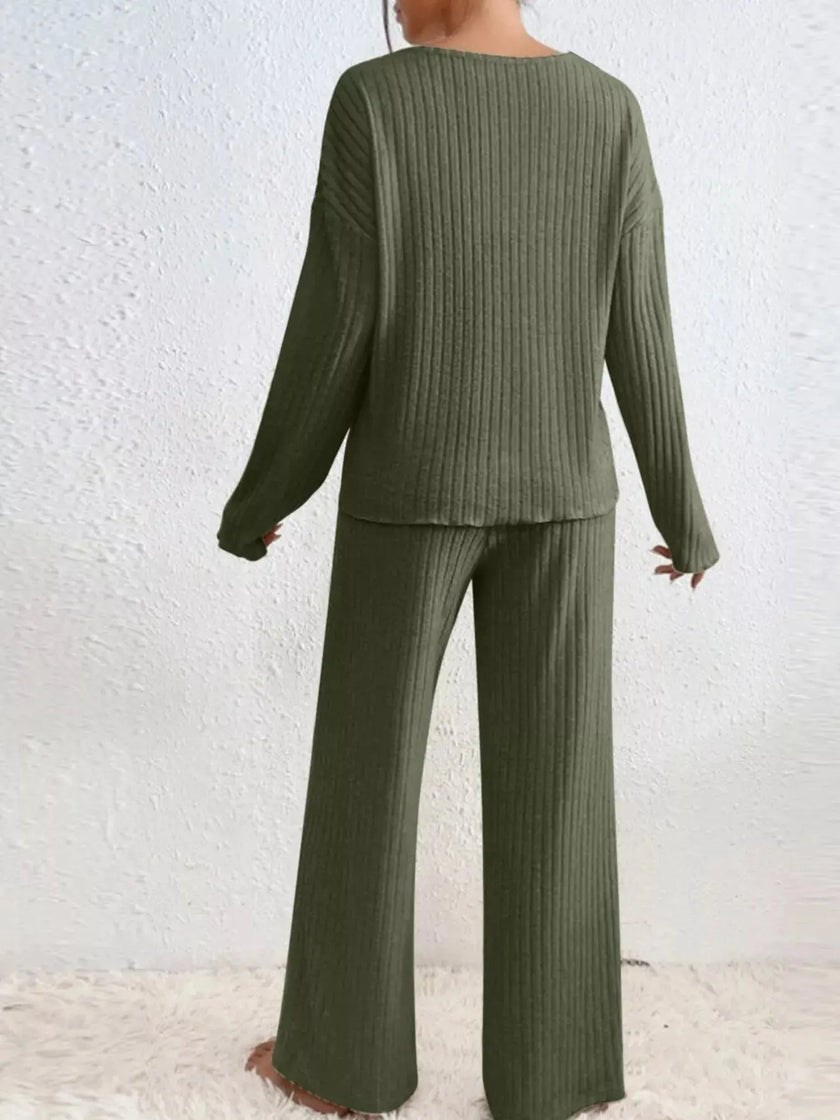 Ribbed V-Neck Top and Pants Loungewear  Style Ratio