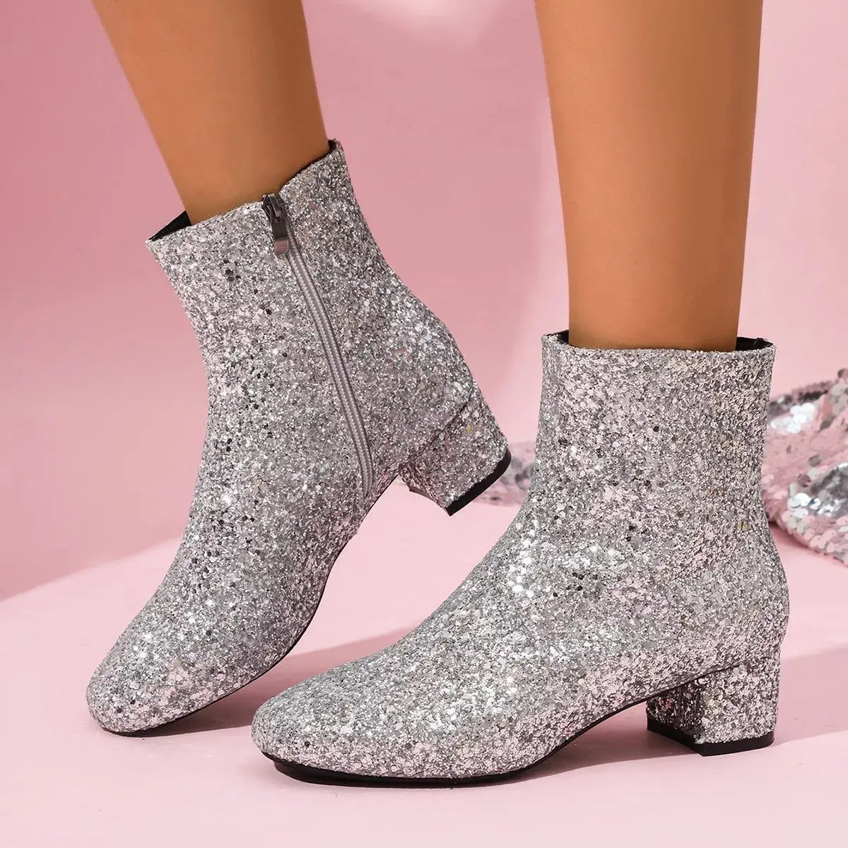 Sequin Round Toe Block Heels Boots  Style Ratio