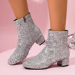 Sequin Round Toe Block Heels Boots  Style Ratio