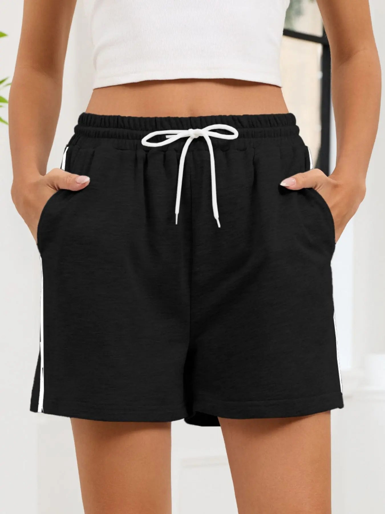 Striped Trim Drawstring Shorts  Style Ratio