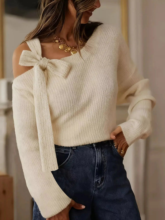 Bow-Accent One-Shoulder Sweater  Style Ratio