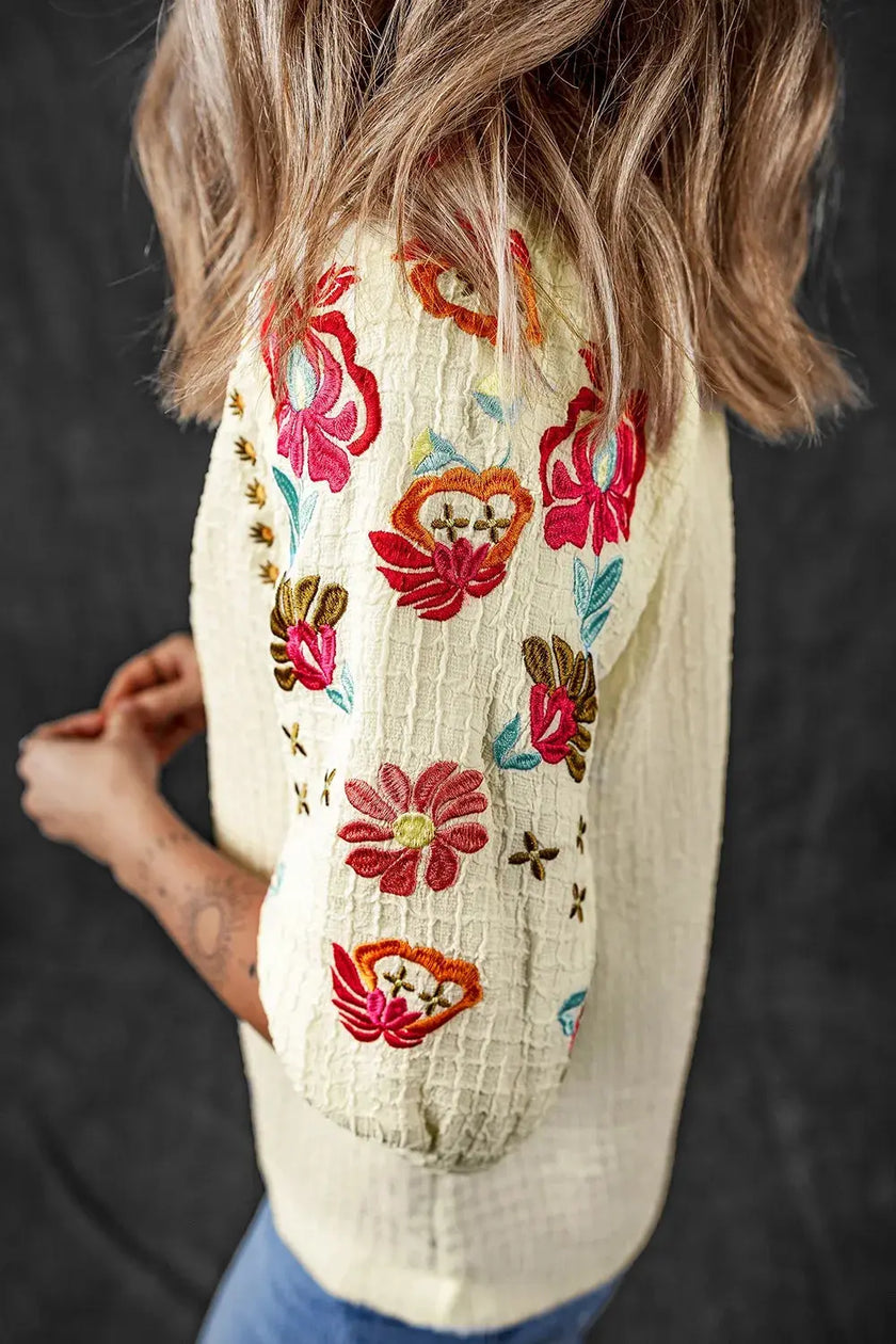 Floral Embroidered Notched Puff Sleeve Blouse  Style Ratio