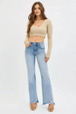 RISEN Full Size Tummy Control Mid Rise Flare Jeans with Fray Hem Detailed  Style Ratio