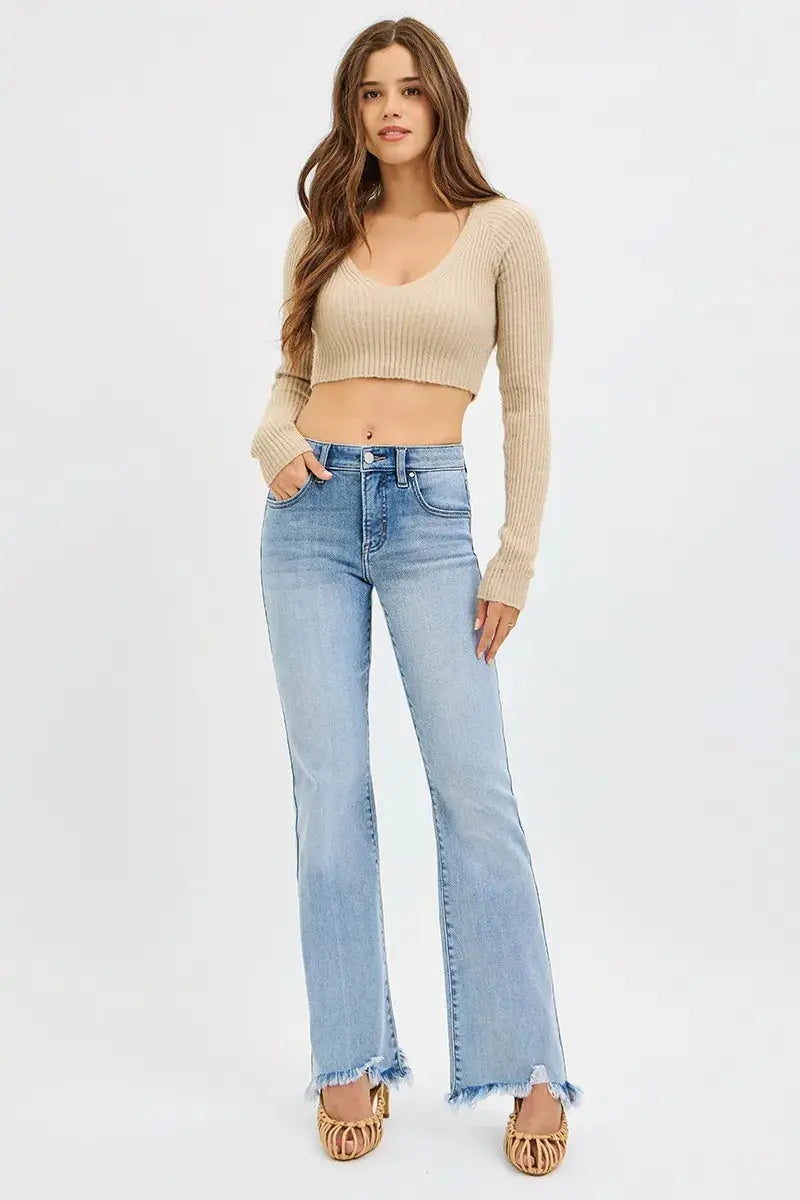 RISEN Full Size Tummy Control Mid Rise Flare Jeans with Fray Hem Detailed  Style Ratio
