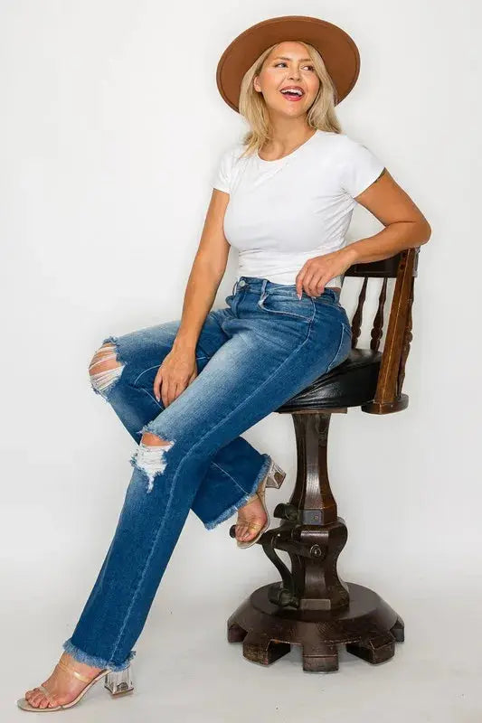 bytos Full Size Raw Hem Distressed High Rise Bootcut Jeans  Style Ratio