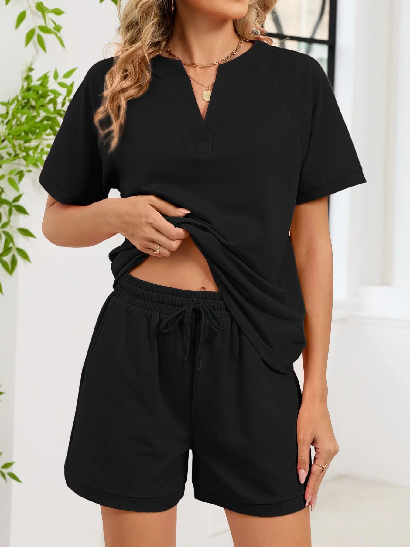 Notched Short Sleeve Top and Shorts Set  Style Ratio