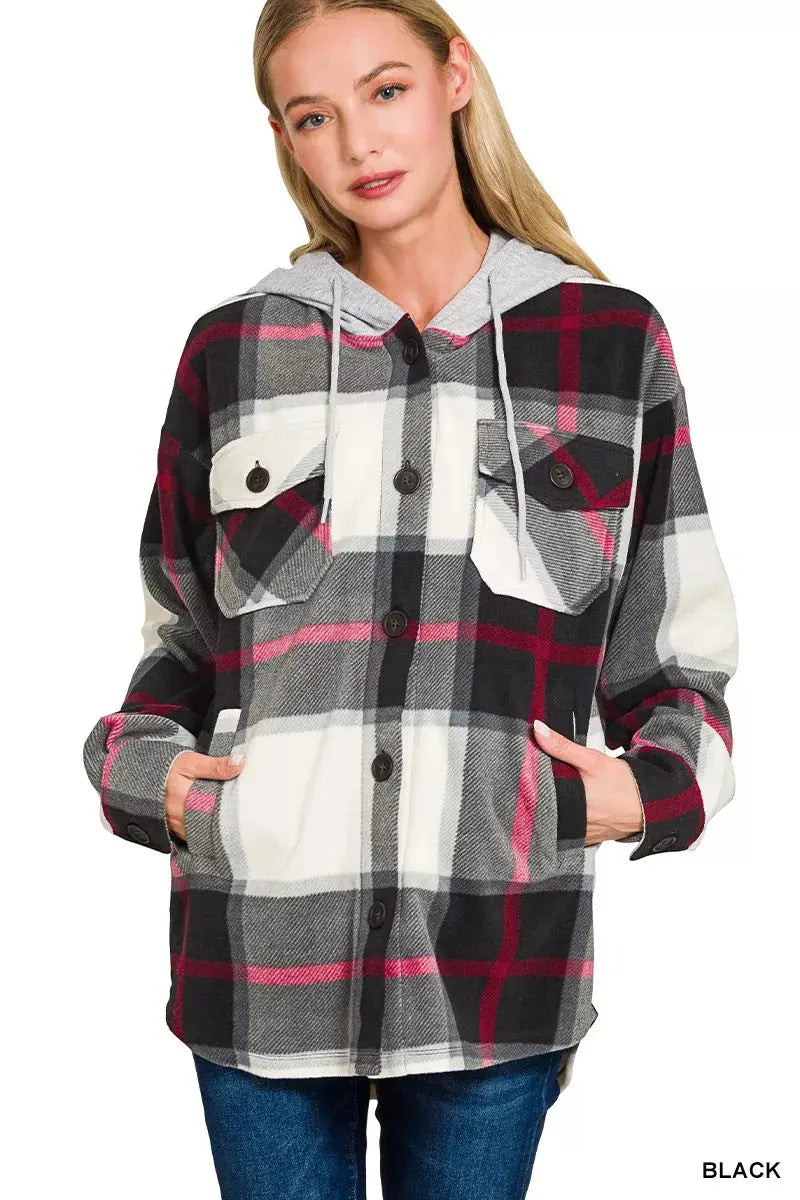 Zenana Plaid Drawstring Hooded Fleece Shacket  Style Ratio