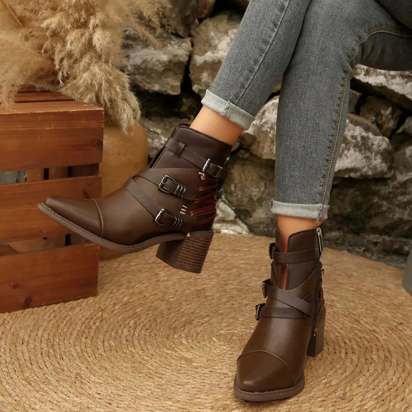 Point Toe Buckle Strap Ankle Boots with Block Heels  Style Ratio