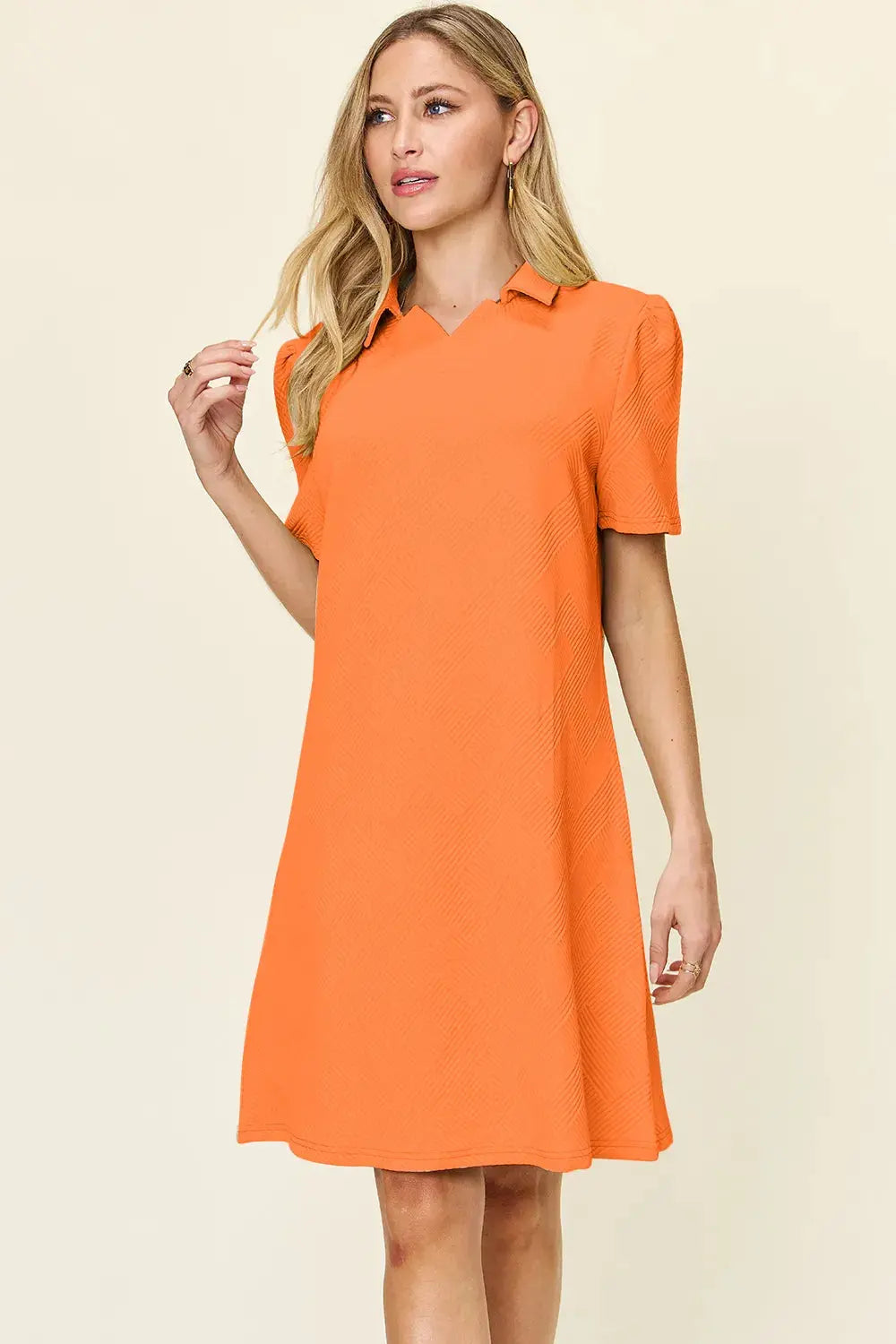 Double Take Full Size Texture Collared Neck Short Sleeve Dress  Style Ratio