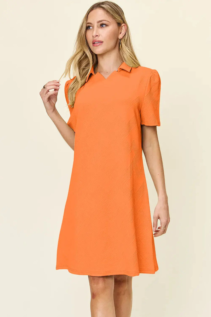 Double Take Full Size Texture Collared Neck Short Sleeve Dress  Style Ratio