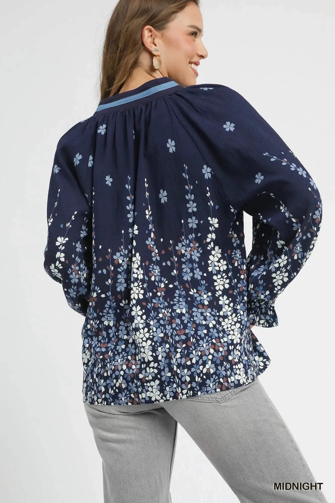 Umgee Full Size Floral Vine Print Blouse with Balloon Sleeves  Style Ratio