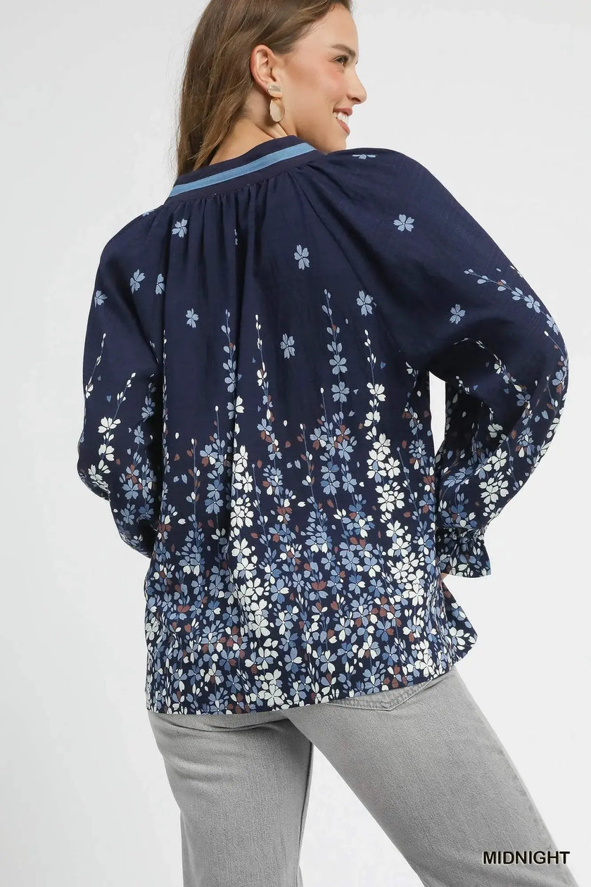 Umgee Full Size Floral Vine Print Blouse with Balloon Sleeves  Style Ratio