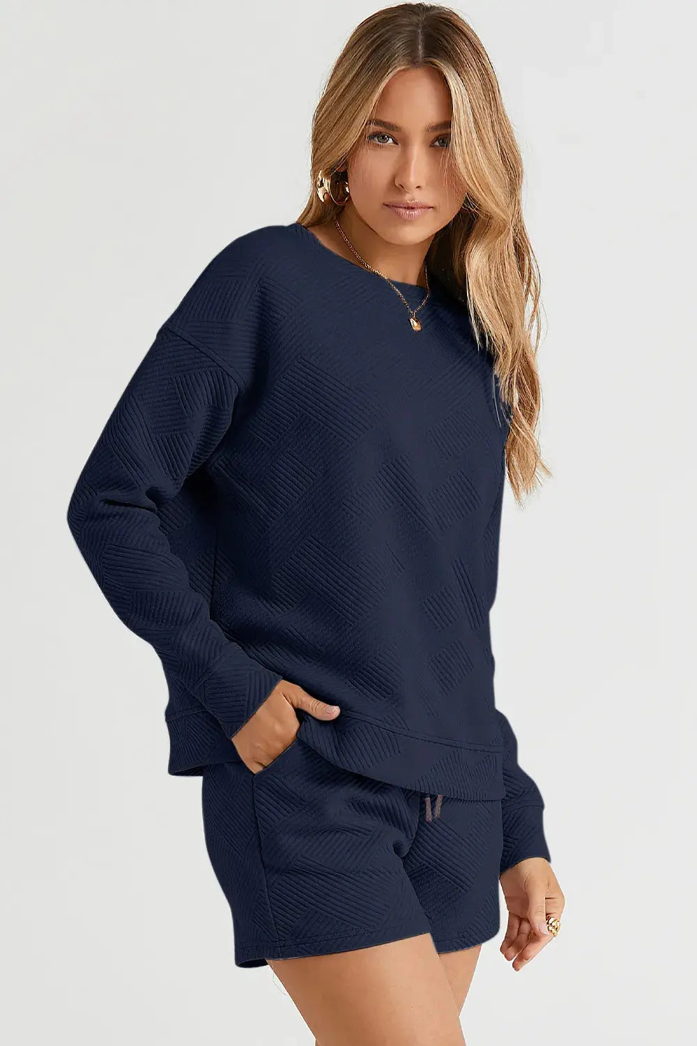 Double Take Full Size Texture Long Sleeve Top and Drawstring Shorts Set  Style Ratio