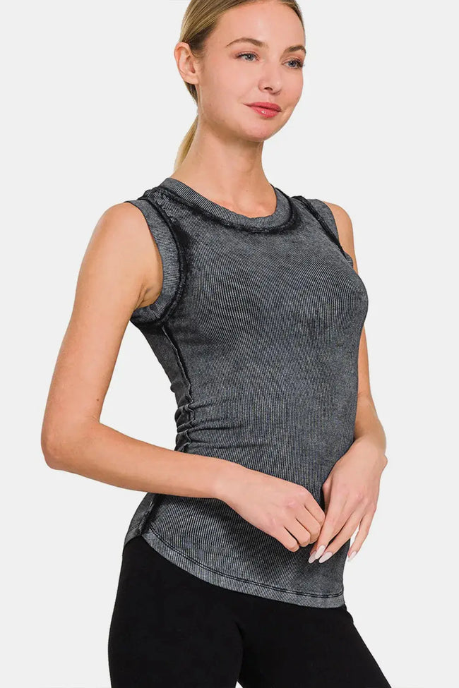 Zenana Washed Ribbed Round Neck Slim Tank  Style Ratio