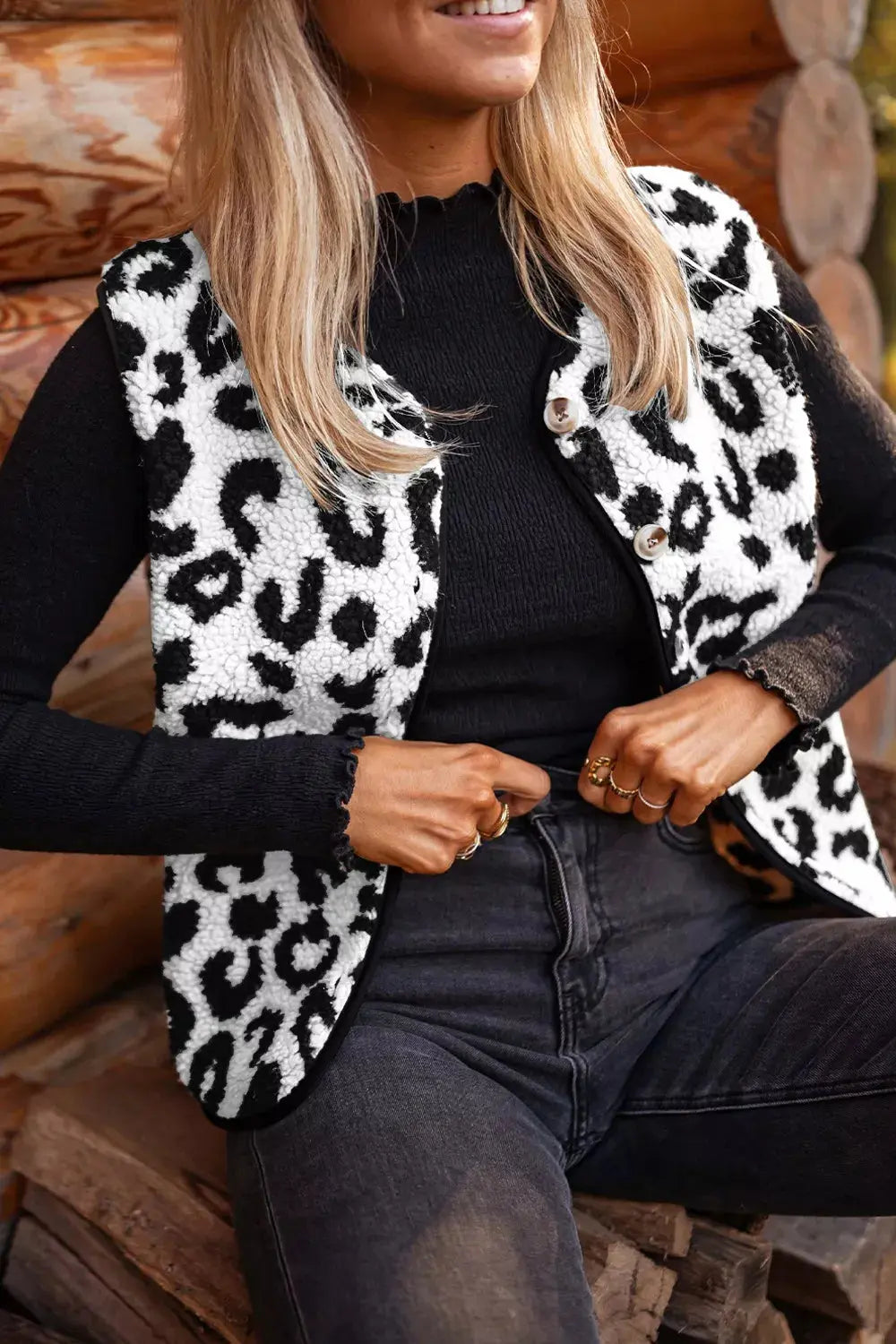 Leopard Print Sherpa Fleece Vest Coat  Style Ratio