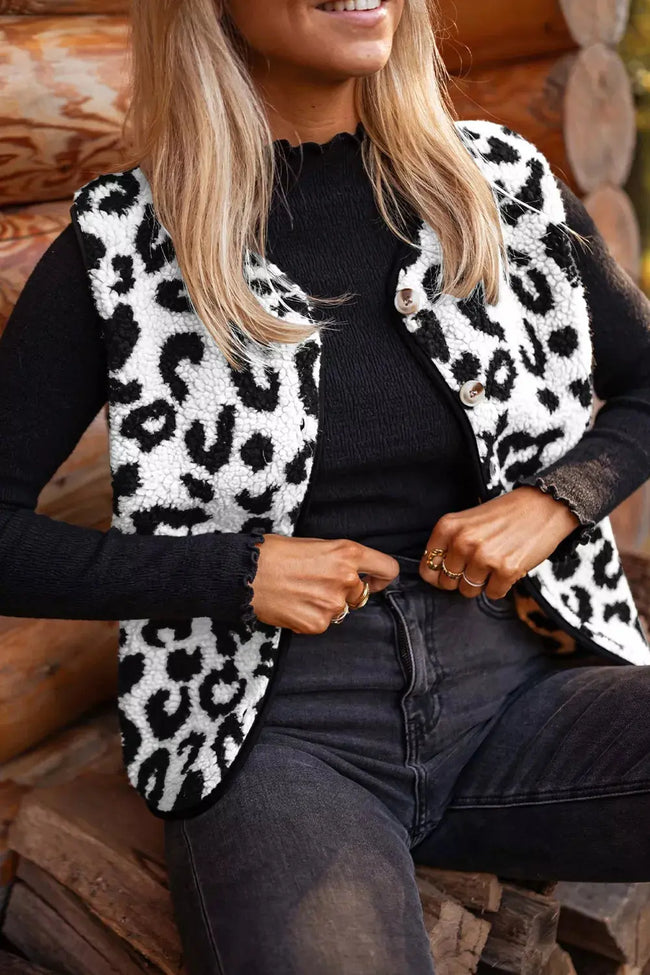 Leopard Print Sherpa Fleece Vest Coat  Style Ratio
