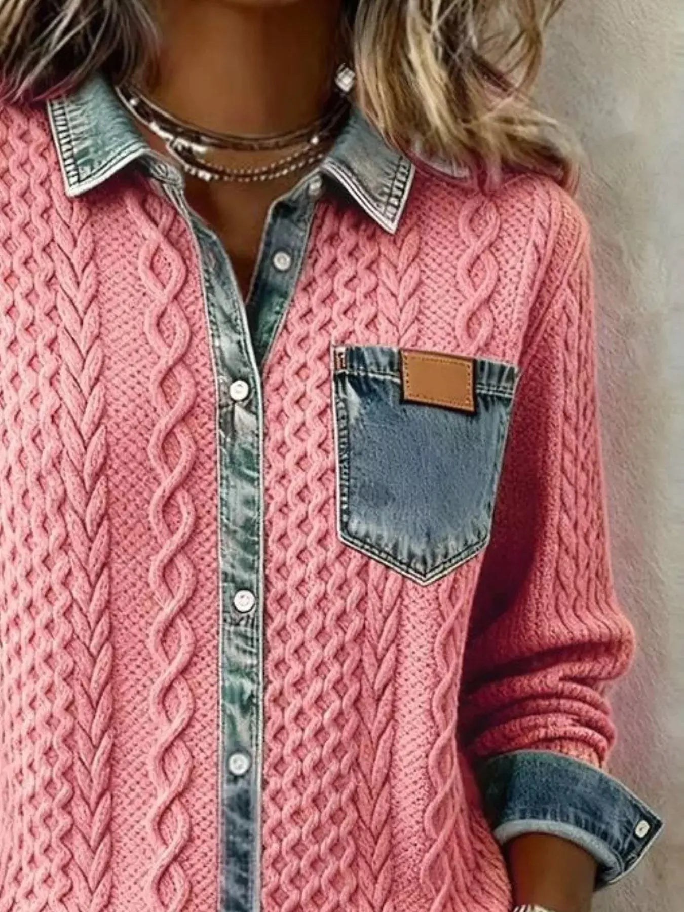 Denim Trim Cable Knit Top  Style Ratio