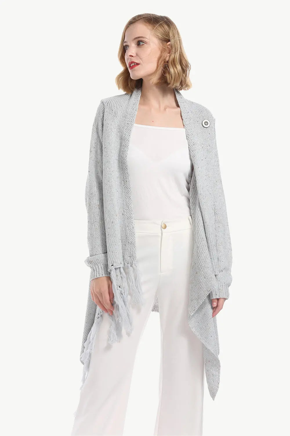 Angel Wings One-Button Tassel Tie Asymmetrical Hem Cardigan  Style Ratio