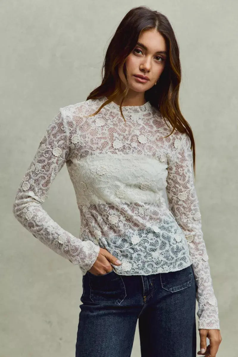 SO ME Lace 3d Effect Floral Layering Long Sleeve Top  Style Ratio