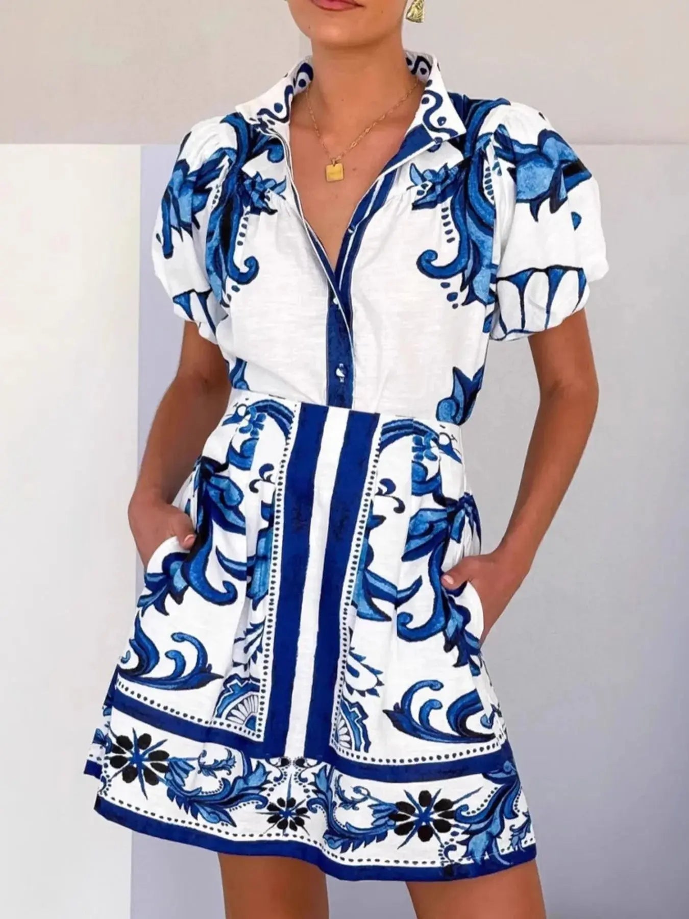 Printed Puff Sleeve Top and Skirt Set  Style Ratio
