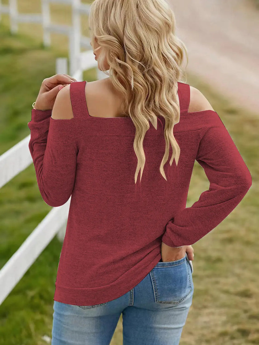 Full Size Cutout Shoulder Long Sleeve Shirt  Style Ratio