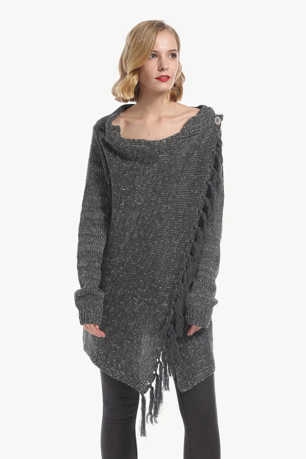 Angel Wings One-Button Tassel Tie Asymmetrical Hem Cardigan  Style Ratio