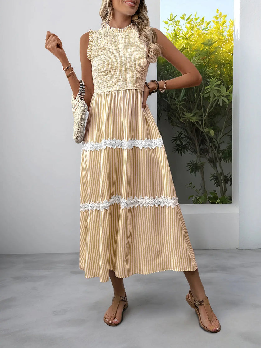 Striped Smocked Sleeveless Tiered Midi Dress  Style Ratio