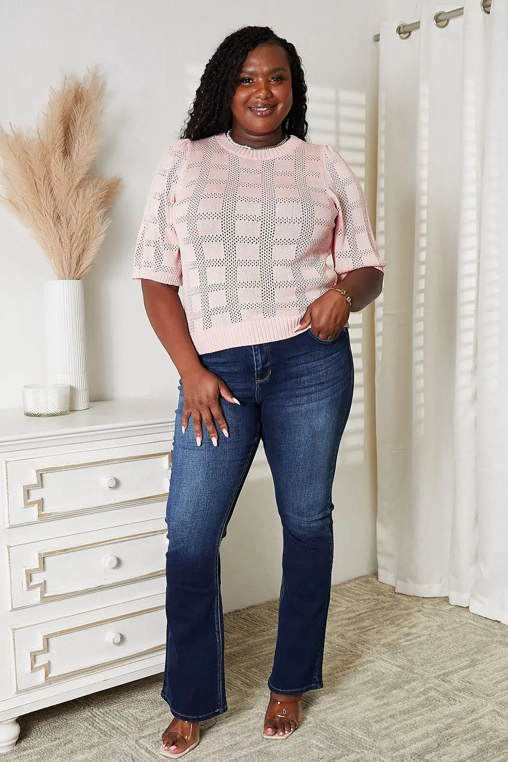 Mandy Ribbed Trim Round Neck Knit Blouse  Style Ratio