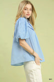 Umgee Puff Sleeve Eyelet Mix Top with Contrast Piping  Style Ratio